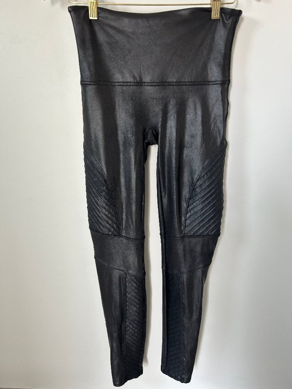 SPANX Faux Leather Moto Leggings Black High Rise Quilted Knee Women's XL